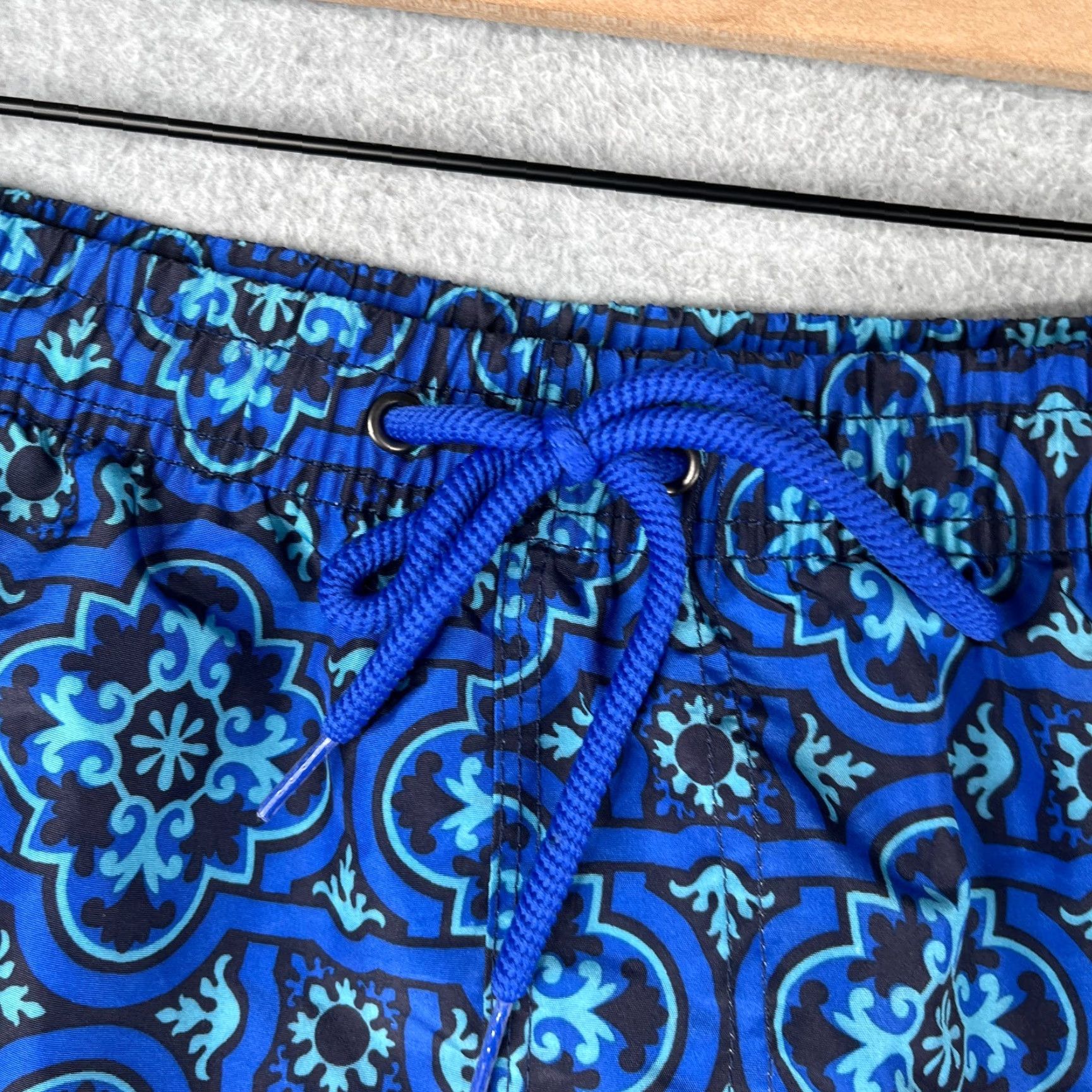 Vintage Speedy Shark Swim Trunks Mens Large Blue Geometric Lined Pockets Drawstring Size ONE SIZE - 5 Thumbnail