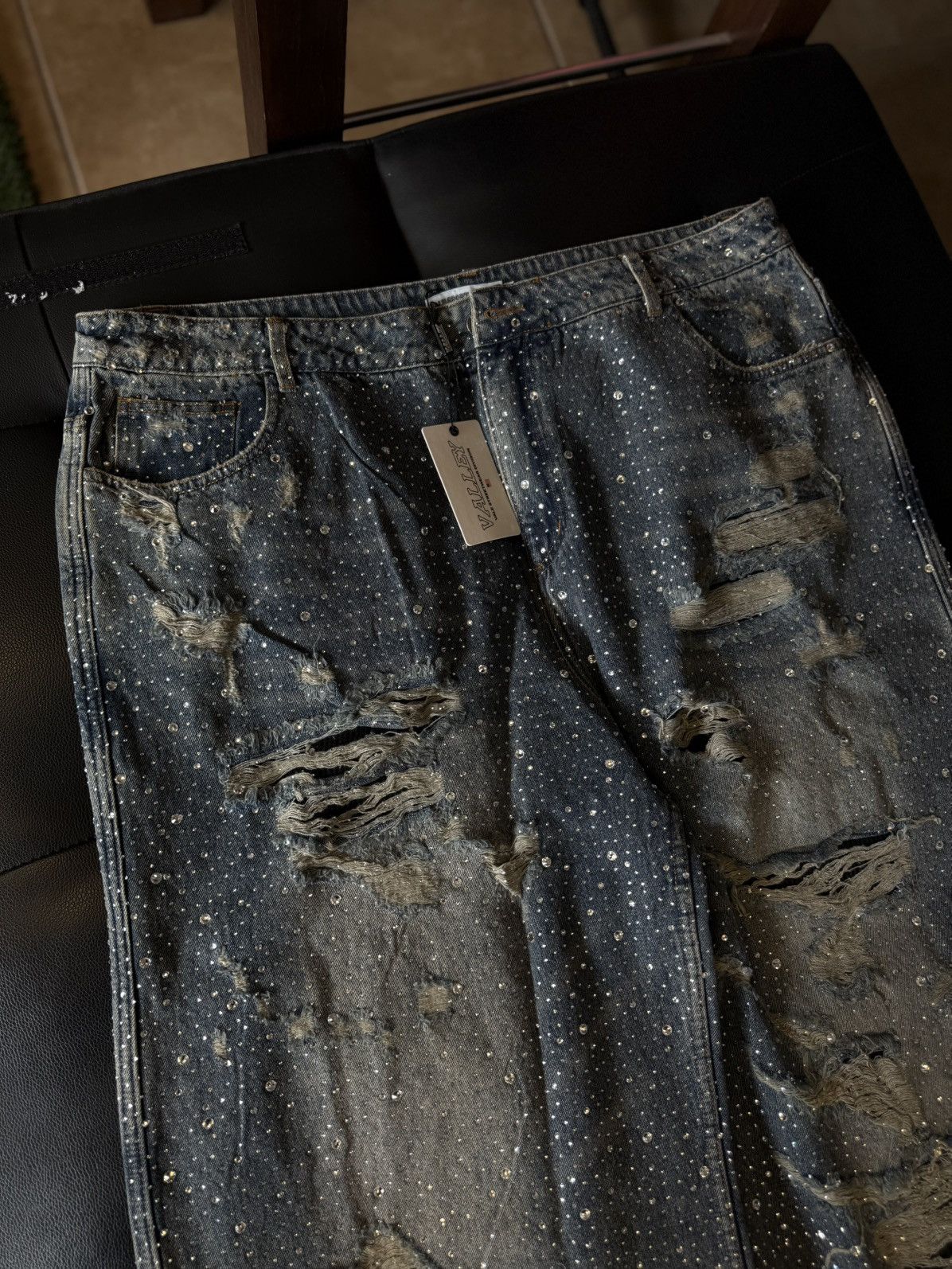 Vale Valley Stone Crystal Rhinestone Baggy Blue Jeans Size 38 Size US 38 / EU 54 - 17 Thumbnail