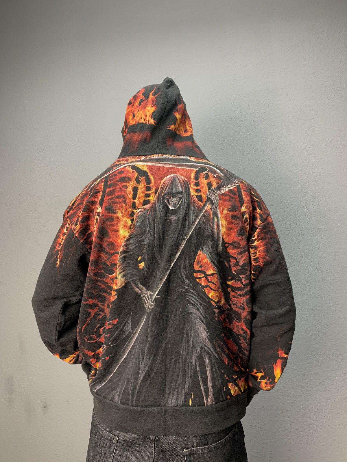 image of Vintage Fire Hoodie Y2K Vintage Bones Full Print Gothic Kill in Black, Men's (Size Large)