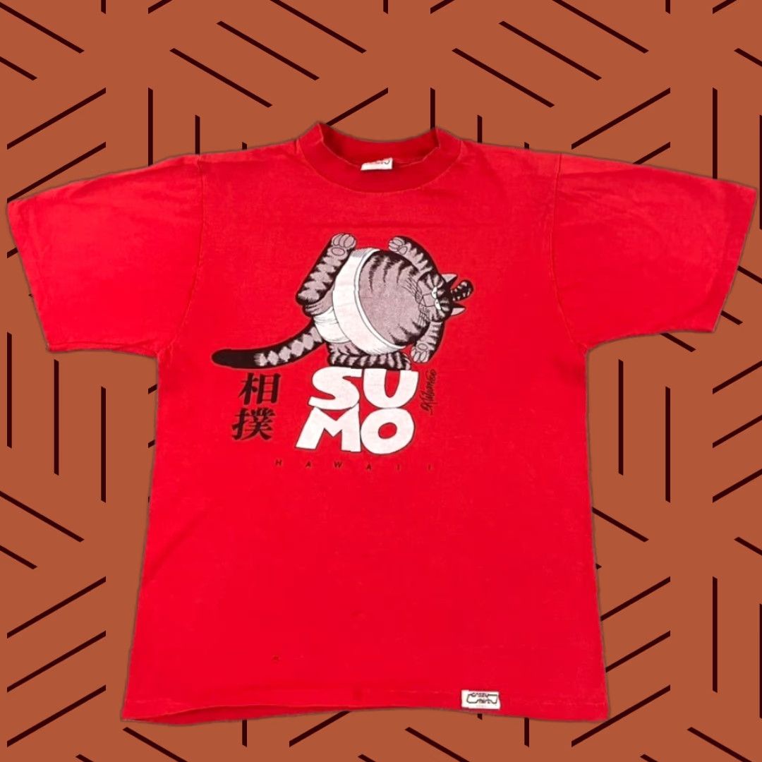 VINTAGE Crazy Shirts T-Shirt Unisex Adults Medium Red Graphic Print 80s 90s Cat Sumo Cartoon Retro