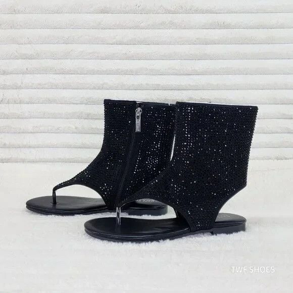 Other Just Doit Rhinestones Flat Bootie Thong Sandals Black (US Sh Size US 6.5 / IT 36.5 - 3 Thumbnail