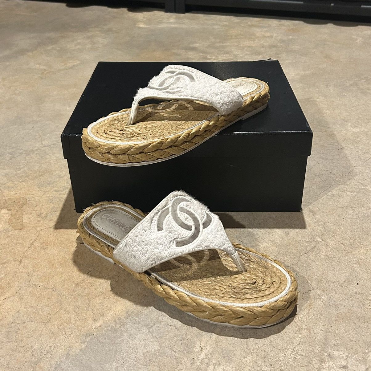 Chanel Terry Cloth Raffia CC Logo Thong Sandals EU