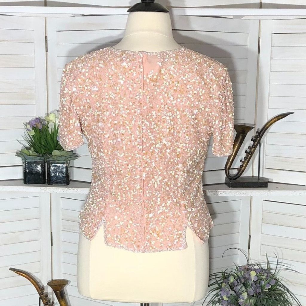 Vintage beaded sequined silk shiny pink blouse cocktail Sz XL Size XL / US 12-14 / IT 48-50 - 2 Thumbnail
