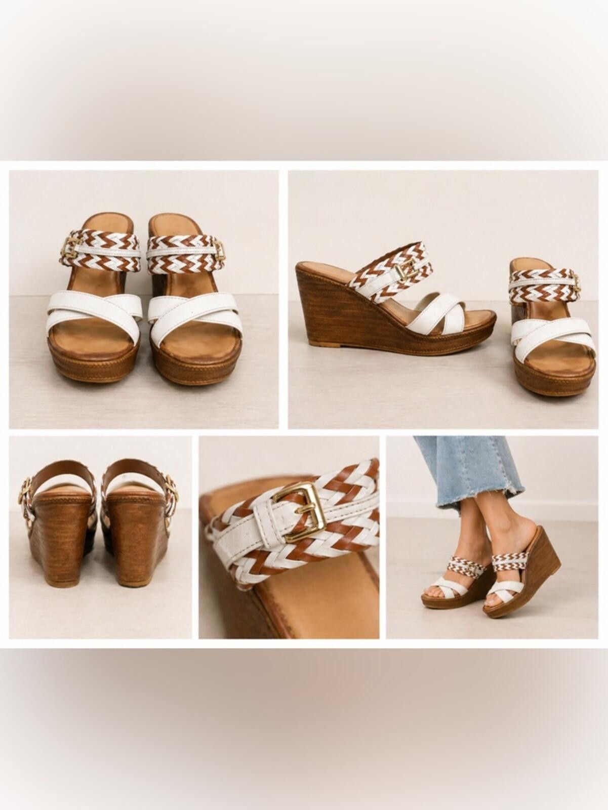 Other Italian Shoemakers White & Brown Woven Leather Wedge Sandals Size US 5 / IT 35 - 1 Thumbnail