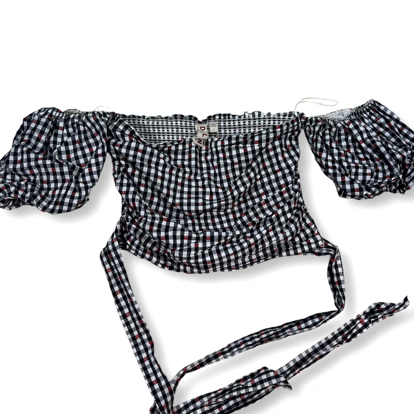 Vintage Dolan Gingham Off Shoulder Crop Top Tie Front Blouse Black Accent Size S Womens Blouse Cropped Short Puff Sleeve Checkered Top DPZ Size S / US 4 / IT 40 - 3 Thumbnail
