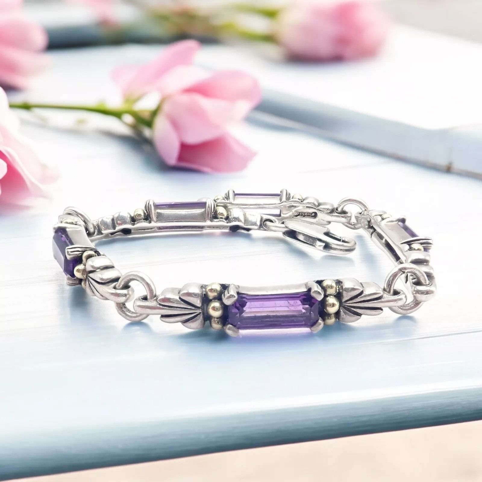 Lagos Caviar Silver 18k Yellow Gold Amethyst Bracelet