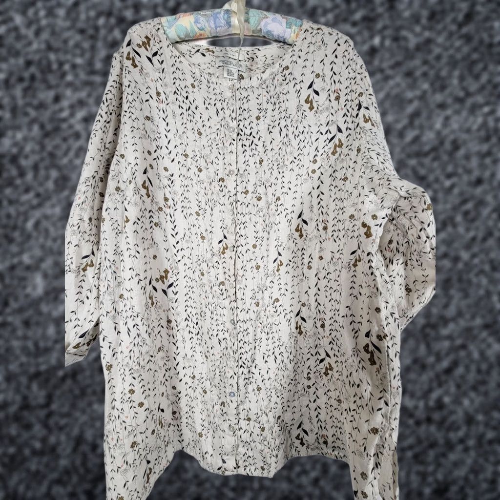 Rachel Zoe Rachel Zoe Womens Blouse 100% Linen Floral Print 3/4 Sleeves Button Down Top 2X Beige Lily Beach Bohemian Relaxed Mens Womens Boys Girls Size XXL / US 16-18 / IT 52-54 - 1 Thumbnail