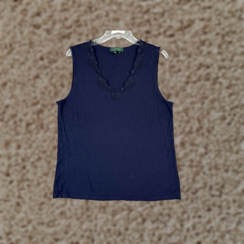 Ralph Lauren Lauren Ralph Lauren Tank Shirt Womens 1X Blue Floral Lace V-Neck Rayon Blend Size XL / US 12-14 / IT 48-50 - 1 Thumbnail