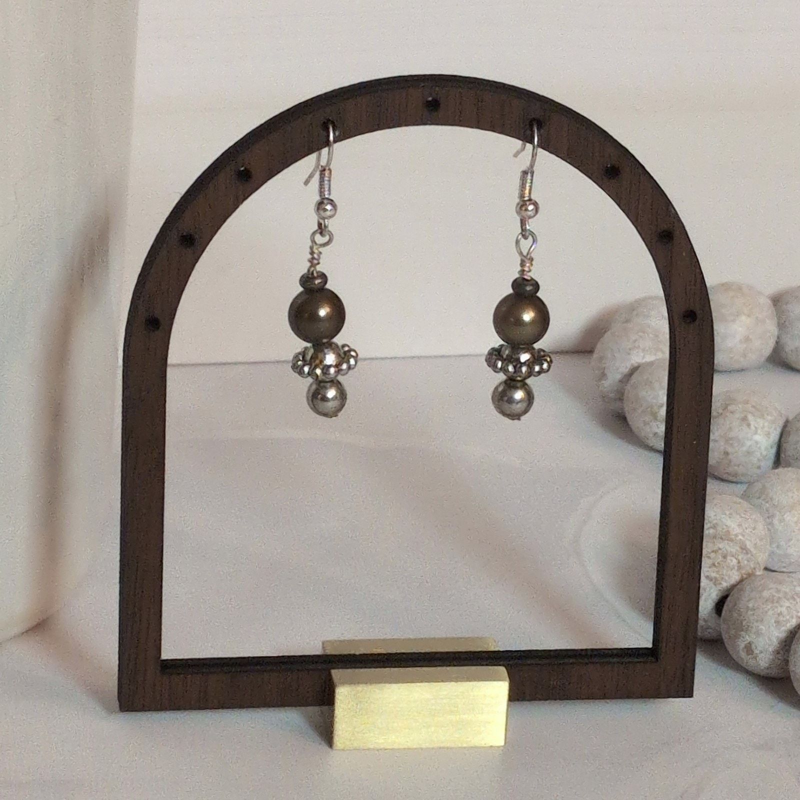 Vintage VTG 1980 Silver-Tone & Bronze Beaded Dangle Pierced Earrings Size ONE SIZE - 1 Thumbnail
