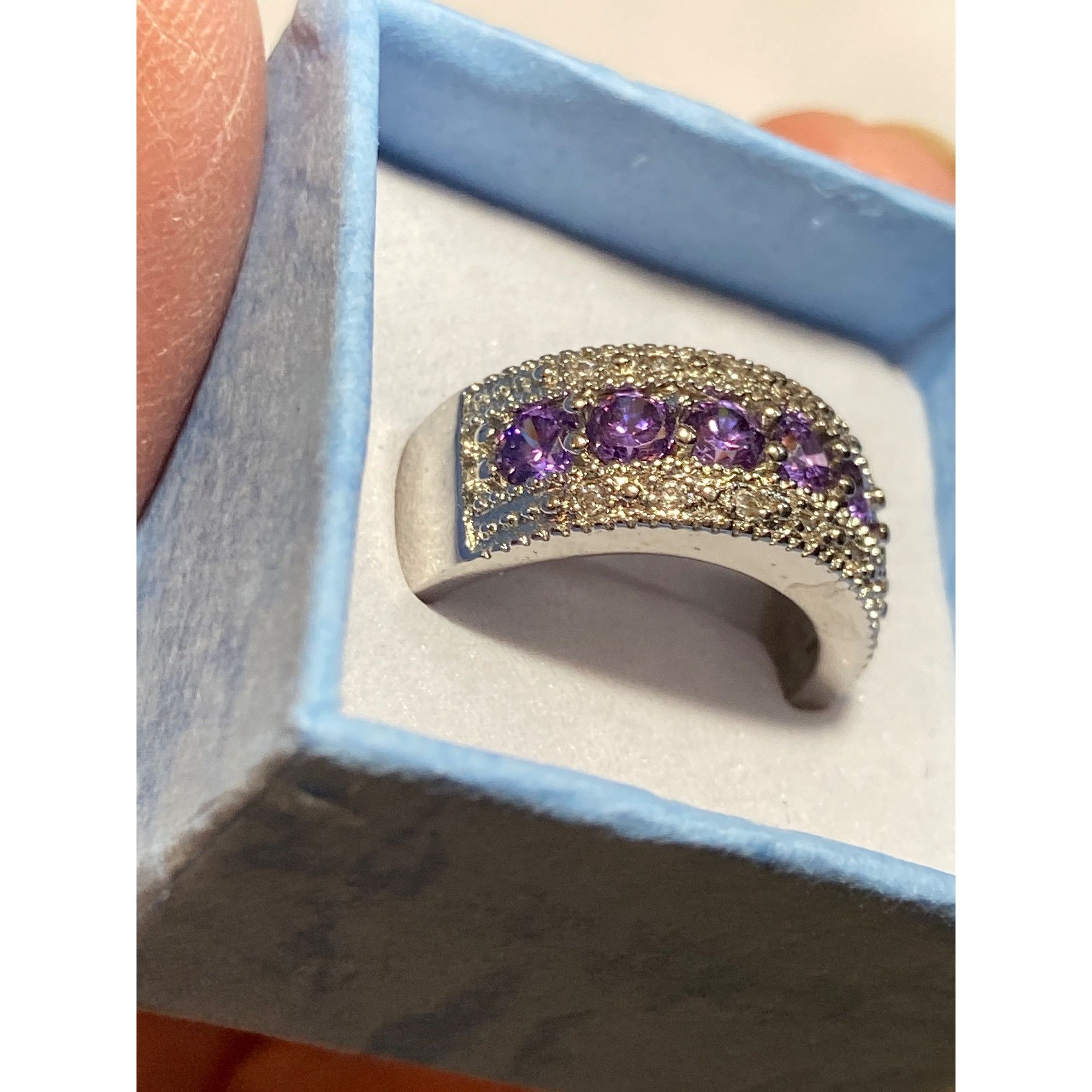 Other Sterling 925 Silver Wide Band Ring With Seven Amethyst Gemst Size ONE SIZE - 1 Thumbnail