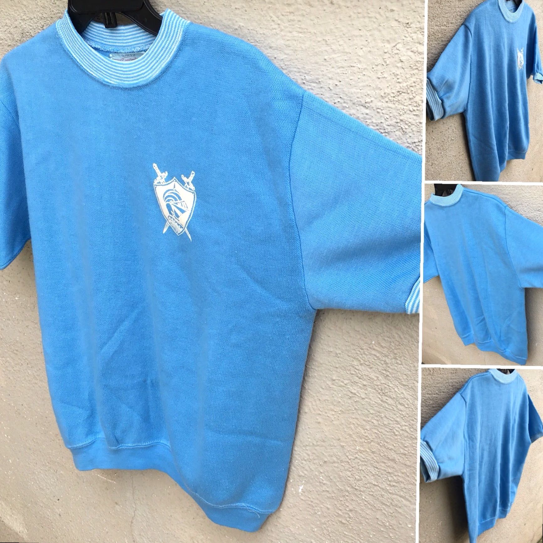 Vintage VINTAGE 1960s 1970s Creslan Acrylic Knit Short Sleeve Sweatshirt Knight Crest Rockabilly True Vintage Casuals Of Creslan L Blue Mens Shirt Size US L / EU 52-54 / 3 - 2 Thumbnail