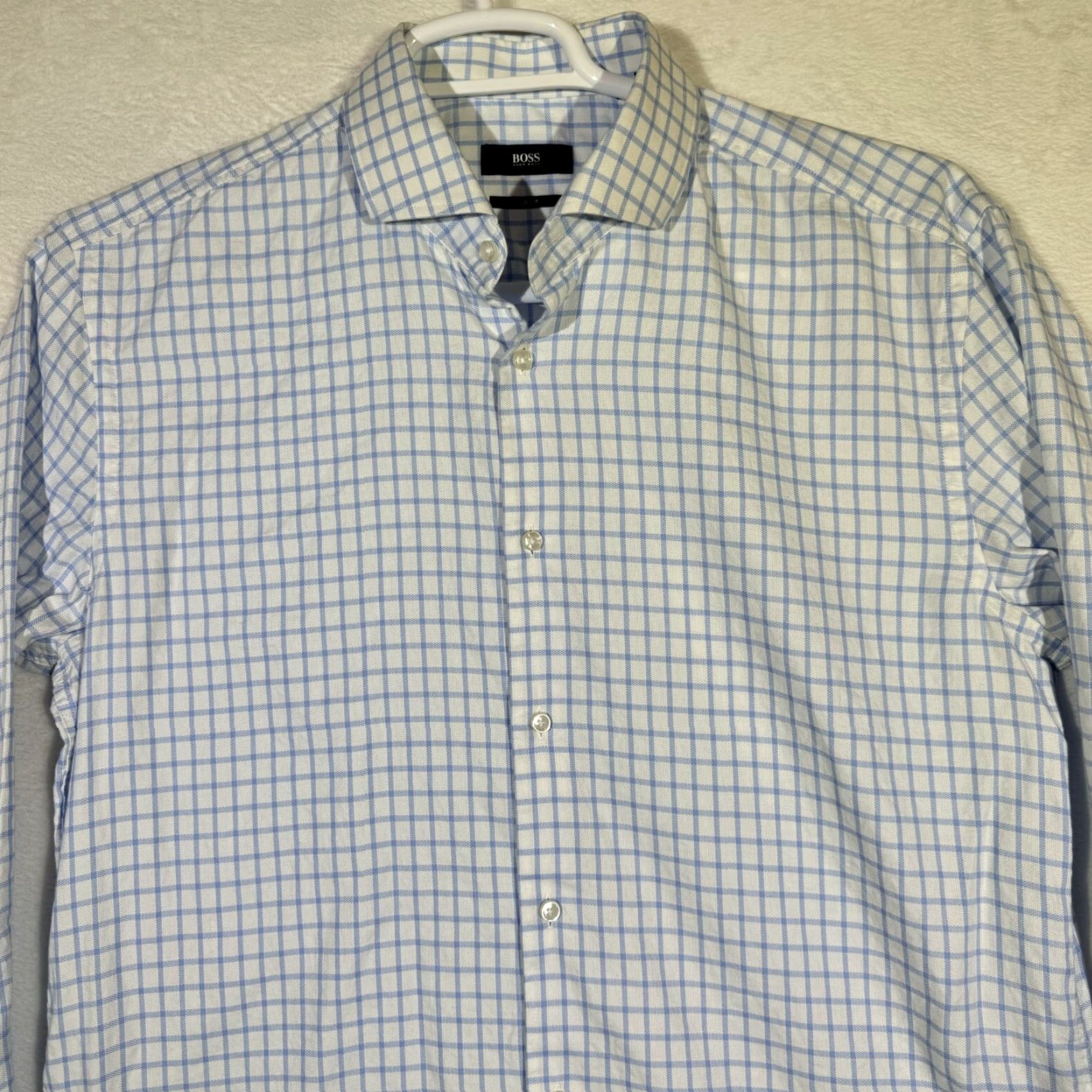Hugo Boss Hugo Boss Dress Shirt Blue White Check Slim Fit 17 / XL Button-Up French Cuff Mens Size 46R - 5 Thumbnail