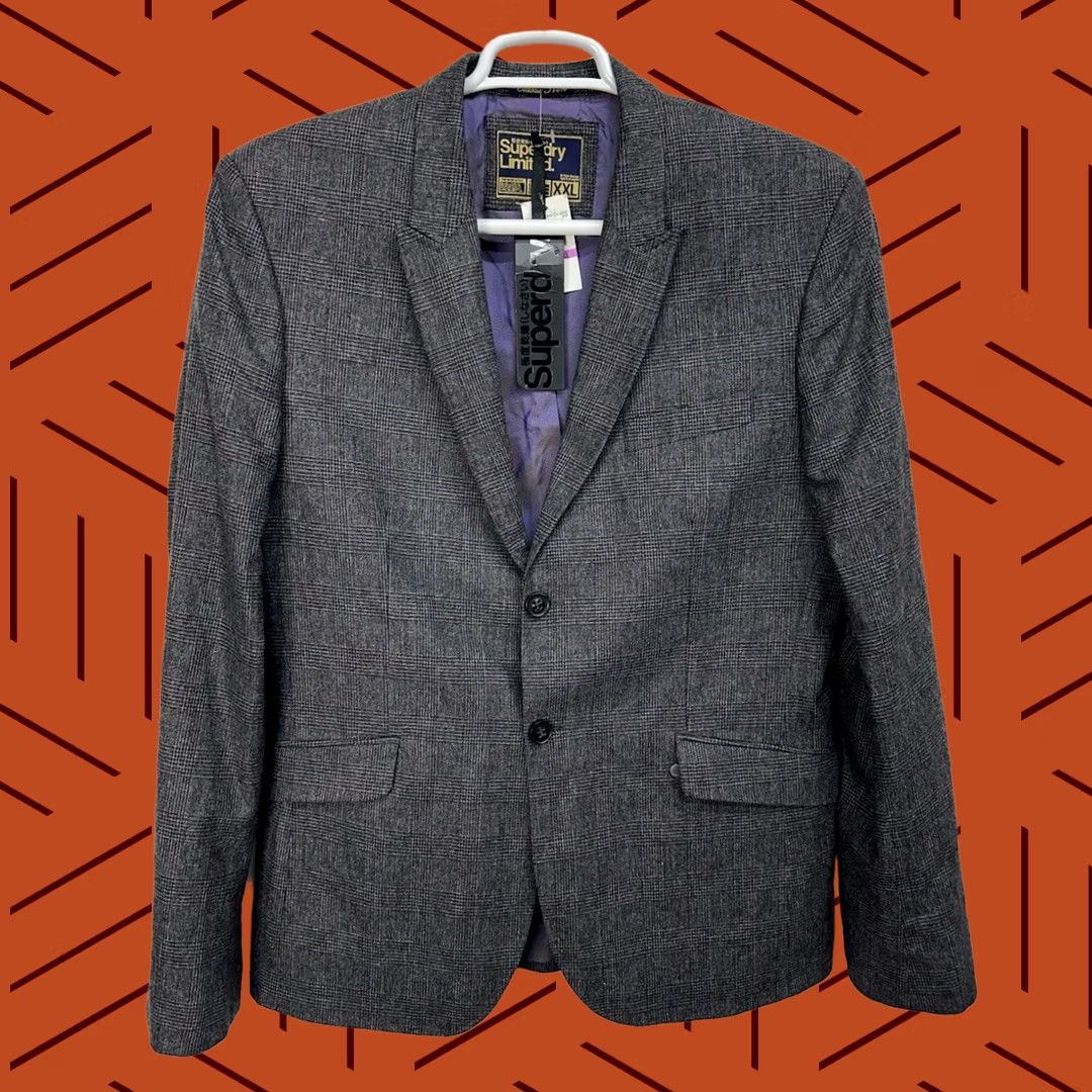 Superdry Superdry Blazer Slim Grey Wool Plaid Check Classic Sport Coat 2XL Mens Size 48R - 1 Thumbnail