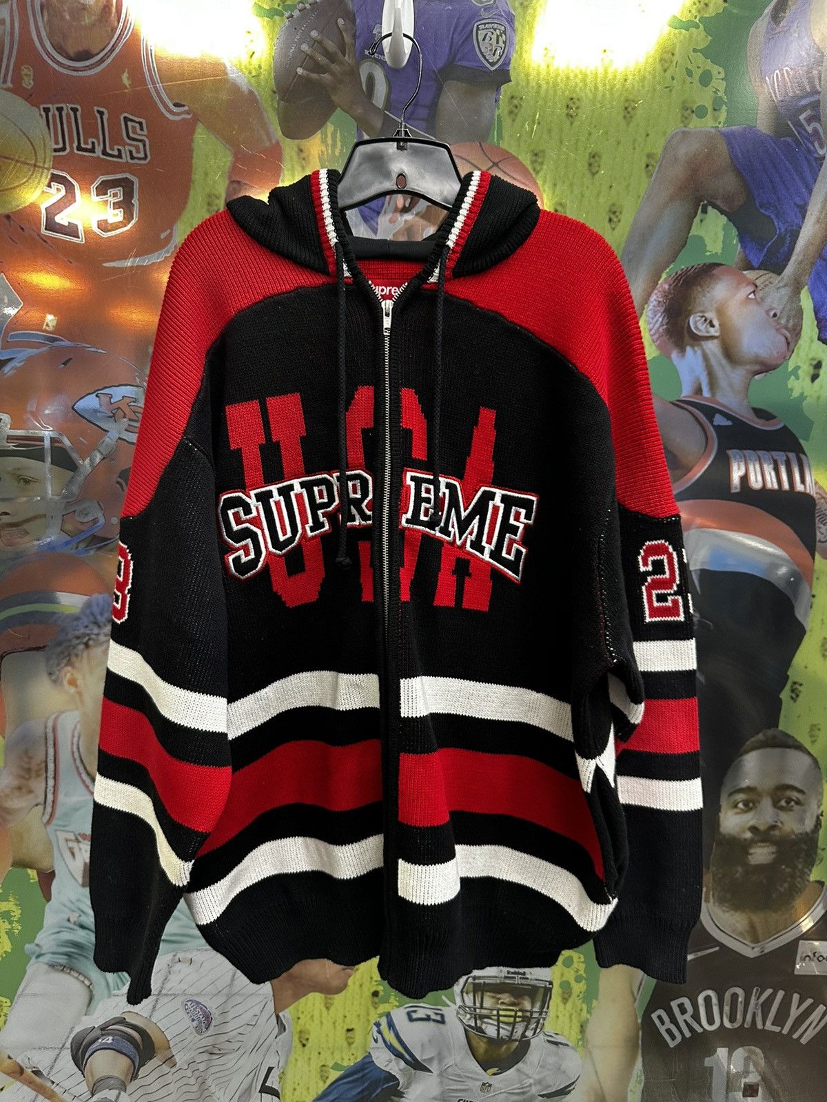 image of Supreme Usa Zip Up Hooded Sweater Black Red White Xl, Men's