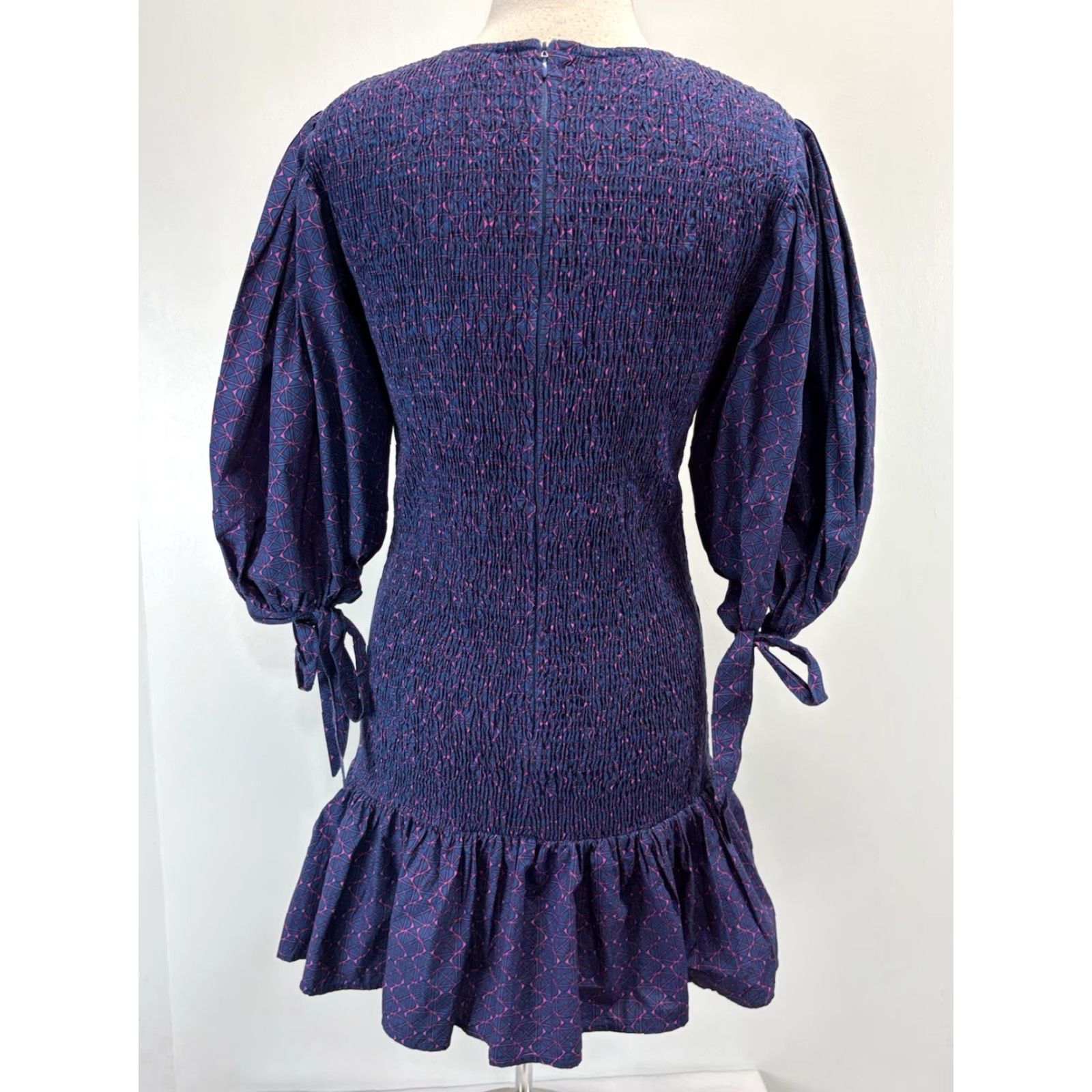 Vintage Oliphant Morocco Mini Dress Women’s M Blue Puff Sleeve Stretch Smocked Tie Sleeves Vintage? No — Pre-owned Excellent — Zip Closure Size M / US 6-8 / IT 42-44 - 3 Thumbnail