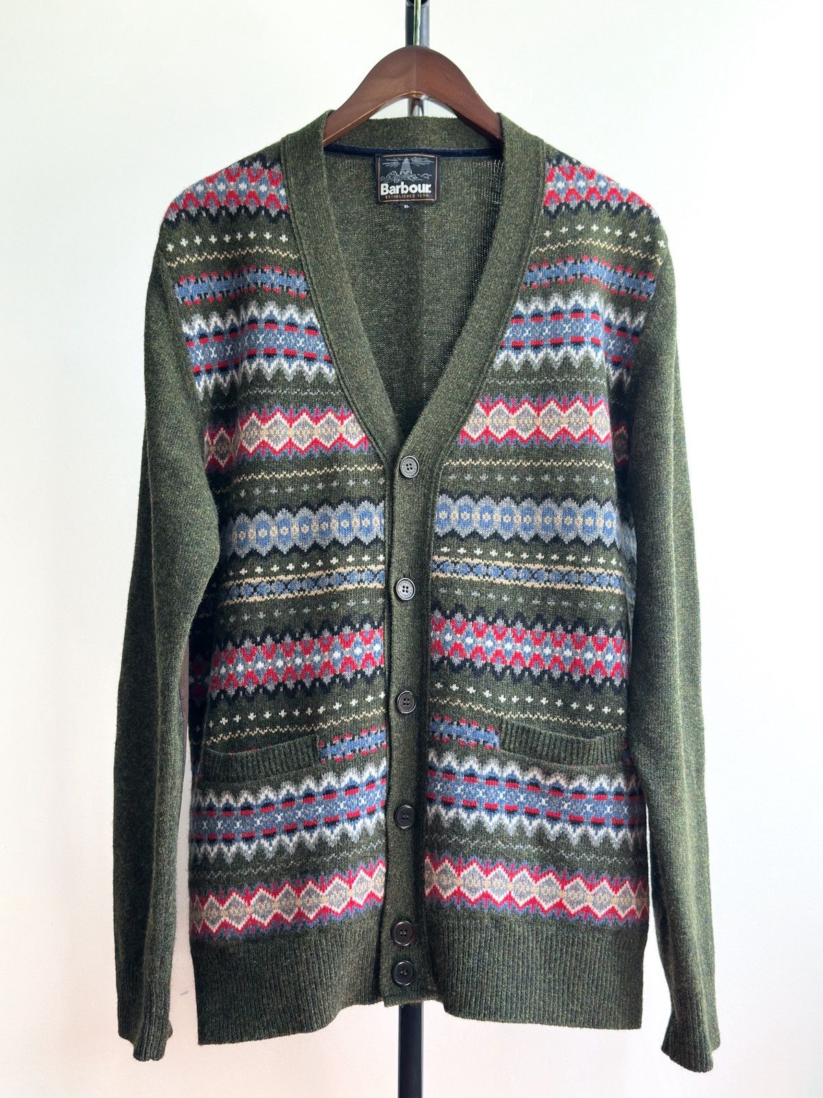 Barbour × Vintage Vintage Barbour Midon Fair Isle Olive Cardigan Size US XL / EU 56 / 4 - 1 Thumbnail