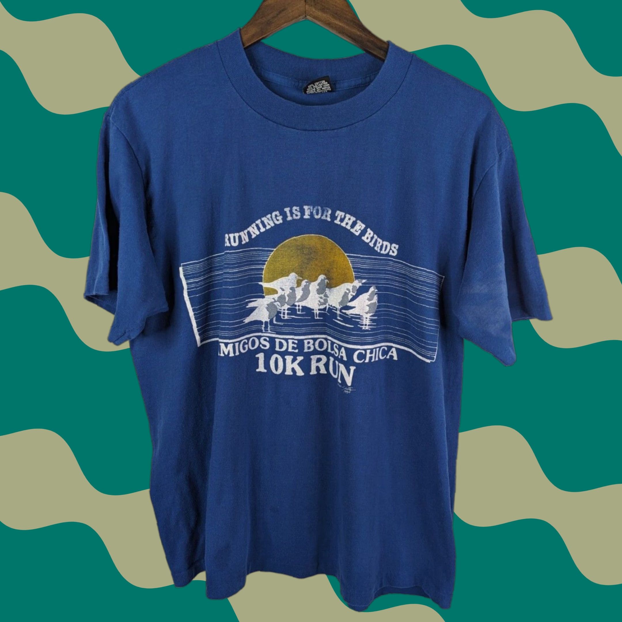 Vintage VINTAGE Wright's T-Shirt Adult XL 80s Blue Short Sleeve Crew Neck Polyester Jersey Graphic Print Birds Run 10k Men Size US XL / EU 56 / 4 - 1 Thumbnail
