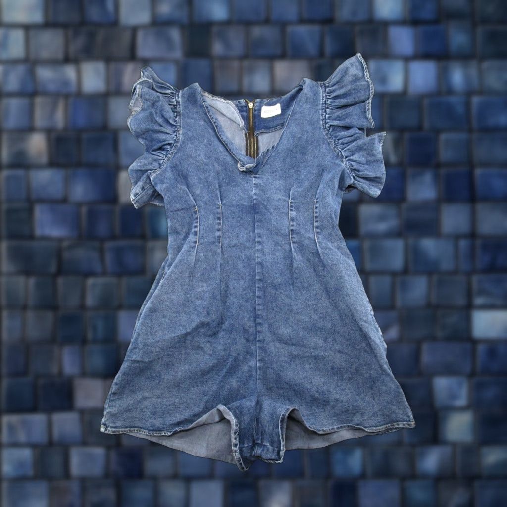 Denime Bella Ella Women's Denim Romper Blue V-Neck Flutter Sleeve Ruffle Short Sleeve 2.5 Inch Inseam Size M Casual Size 32" / US 10 / IT 46 - 1 Thumbnail