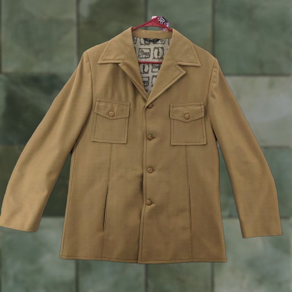 VINTAGE Richmond Bros. Coat Men's Large Beige Equestrian Print 1970s Casual