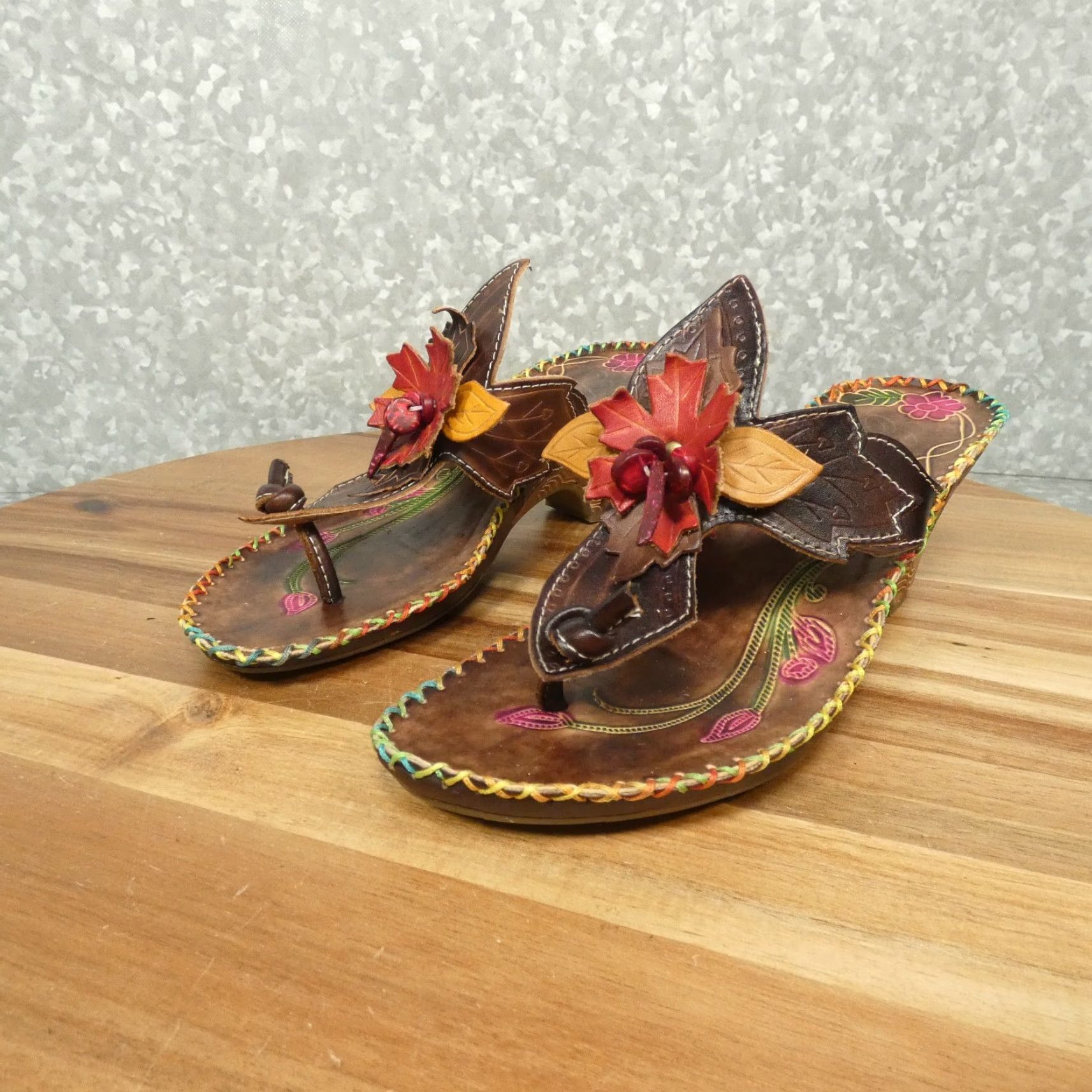Vintage Corky's Elite Sandals Womens 7 Brown Red Leather Thong Size US 7 / IT 37 - 7 Thumbnail