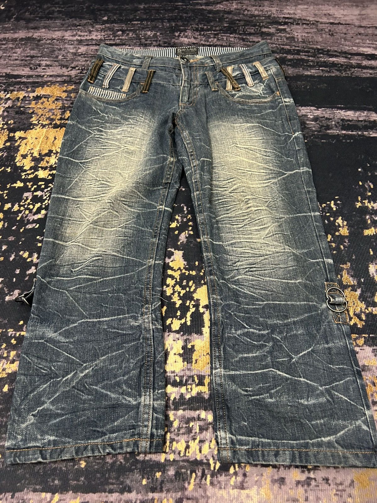 Japanese Brand NYLAUS Doublle Waist Mud Claw Mark Cropped Jeans Size US 31 - 4 Thumbnail