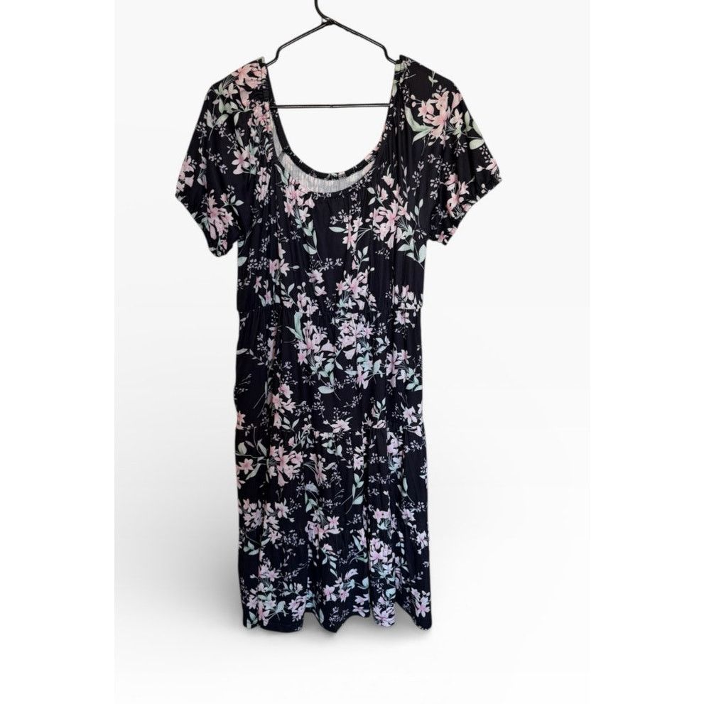 Other Black Pink Floral Short Sleeve Round Neck Shirred Dress Size L / US 10 / IT 46 - 2 Thumbnail