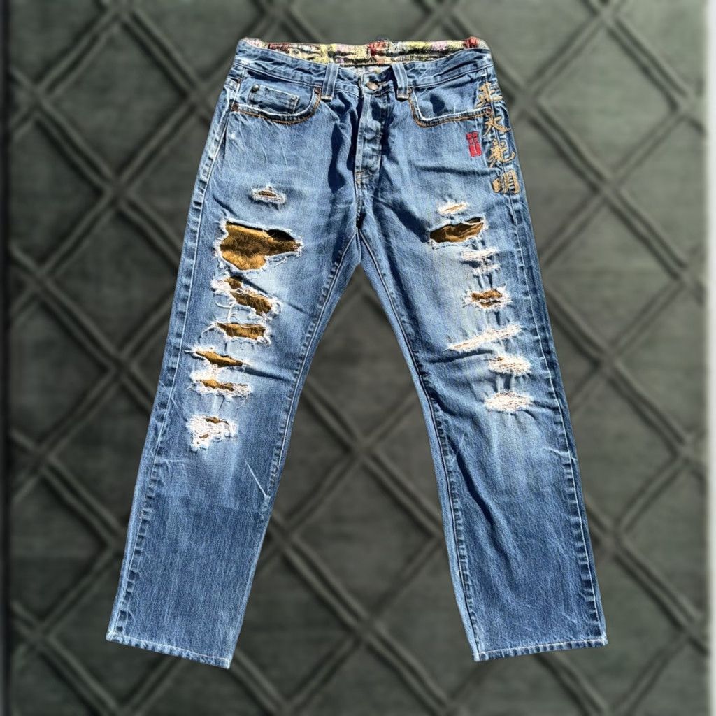 Vintage VINTAGE China Jeans 90s Distressed Repaired Embroidered Satin Selvedge Sz 32 Men Blue Straight Size US 32 / EU 48 - 1 Thumbnail