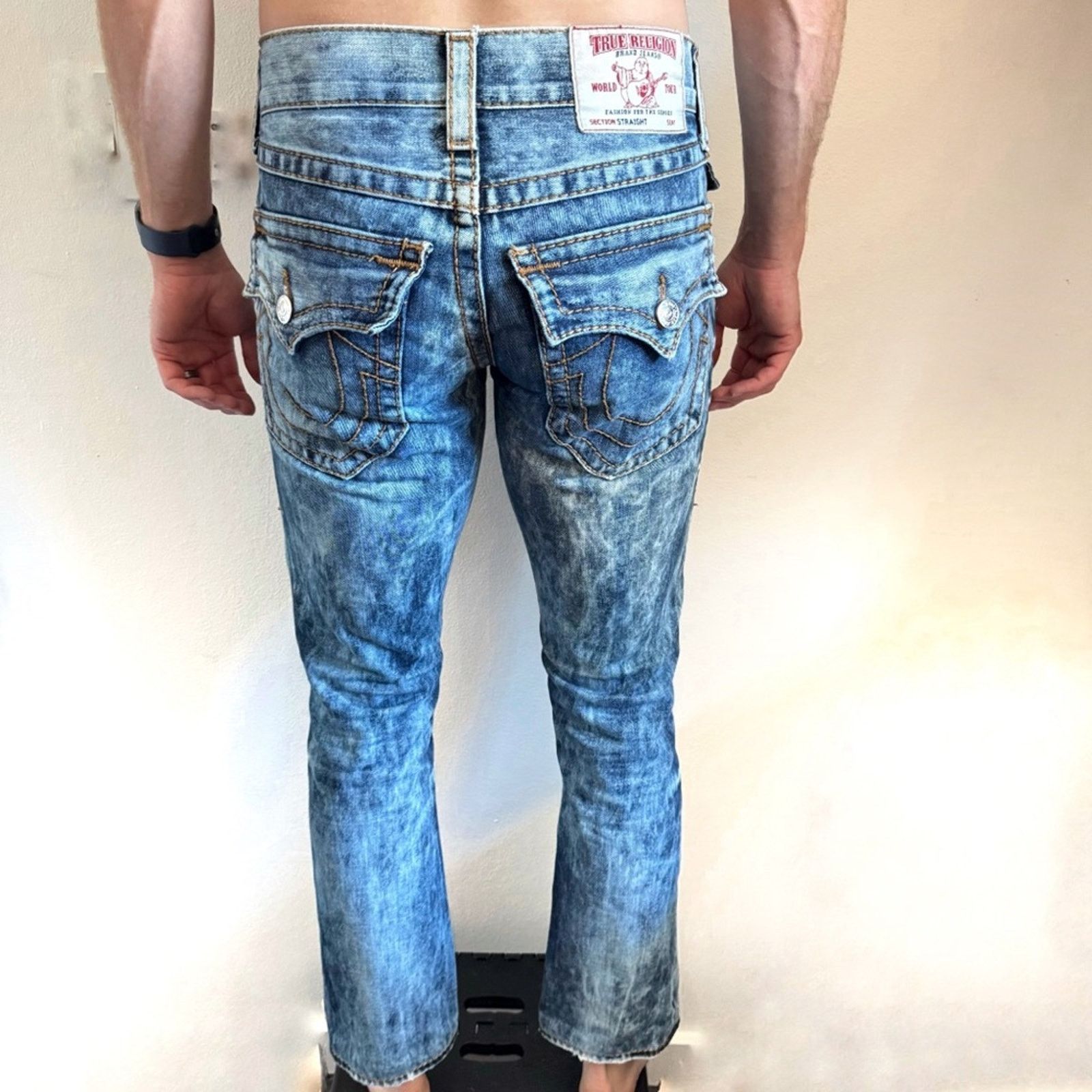 True Religion TRUE RELIGION Blue White Acid Wash Straight Leg Denim Jeans Size US 29 - 11 Thumbnail
