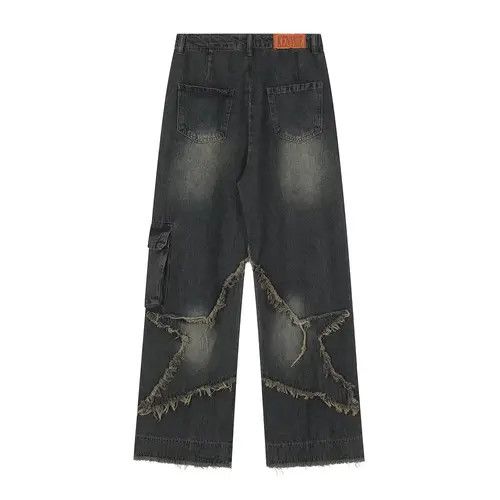 Japanese Brand × Jean Star embroidery patchwork wide-leg distressed jeans y2k Size US 34 / EU 50 - 4 Thumbnail