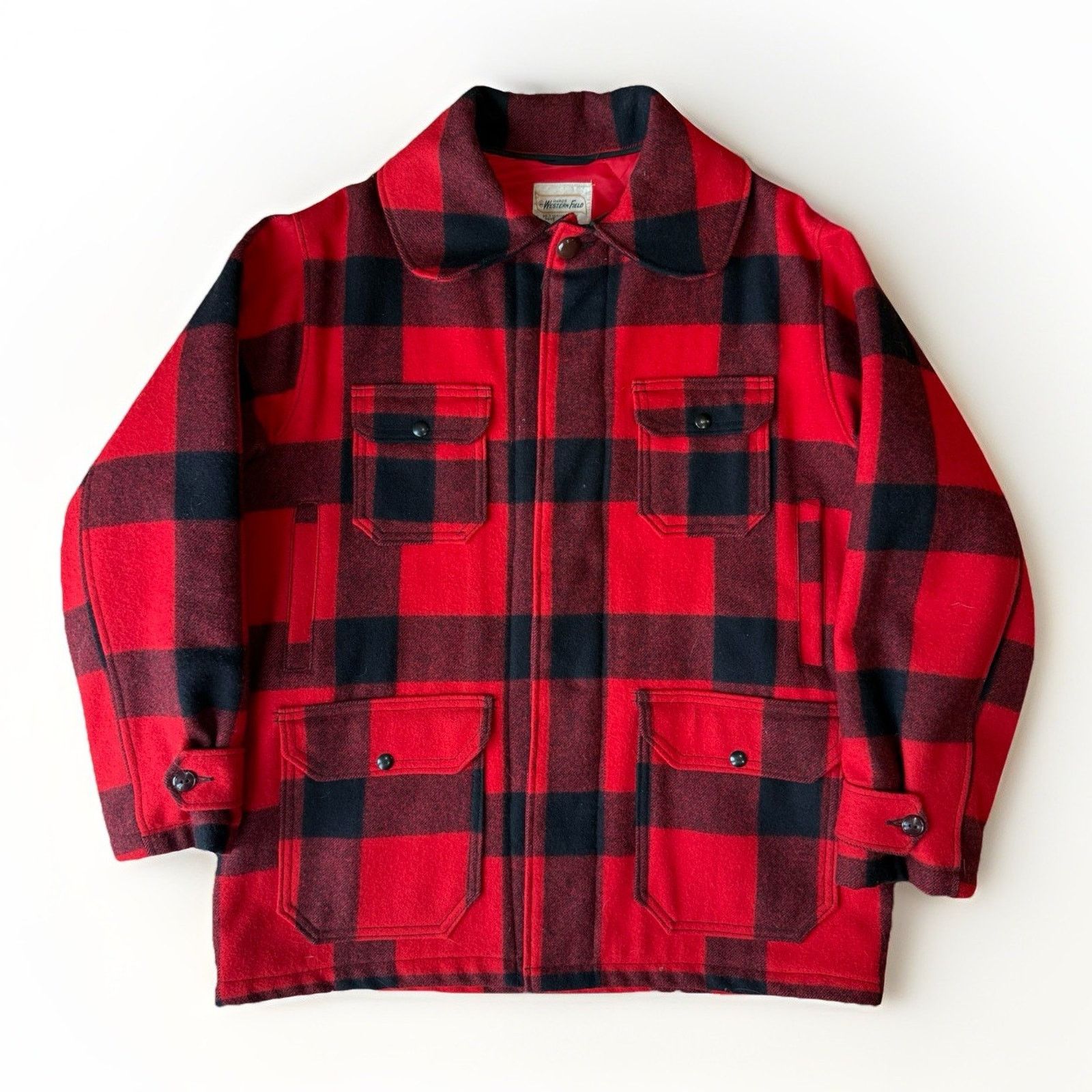 Original Montgomery Vintage Wards Western Buffalo Plaid Wool Coat 44 Red Black Size US L / EU 52-54 / 3 - 1 Thumbnail