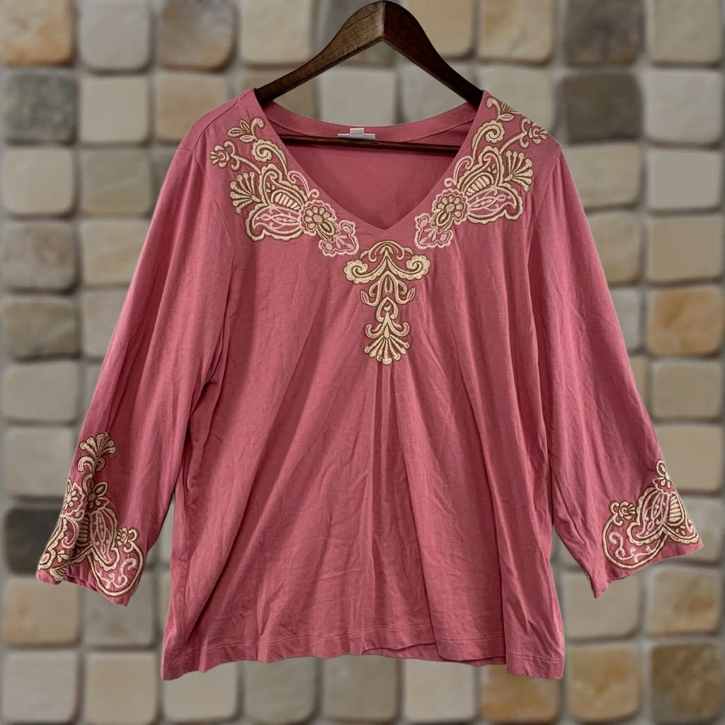 J. Jill J. Jill Womens Large Pink V-Neck T-Shirt Embroidered 3/4 Sleeve Cotton Modal Casual Size L / US 10 / IT 46 - 1 Thumbnail