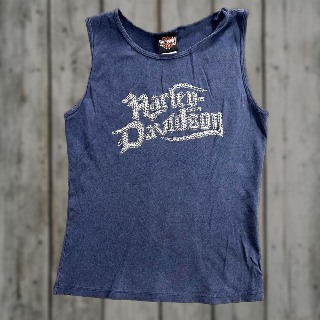 Harley Davidson VINTAGE Harley-Davidson Tank Shirt Womens Large Blue Rhinestone Livermore California USA Tank Top Size L / US 10 / IT 46 - 1 Thumbnail