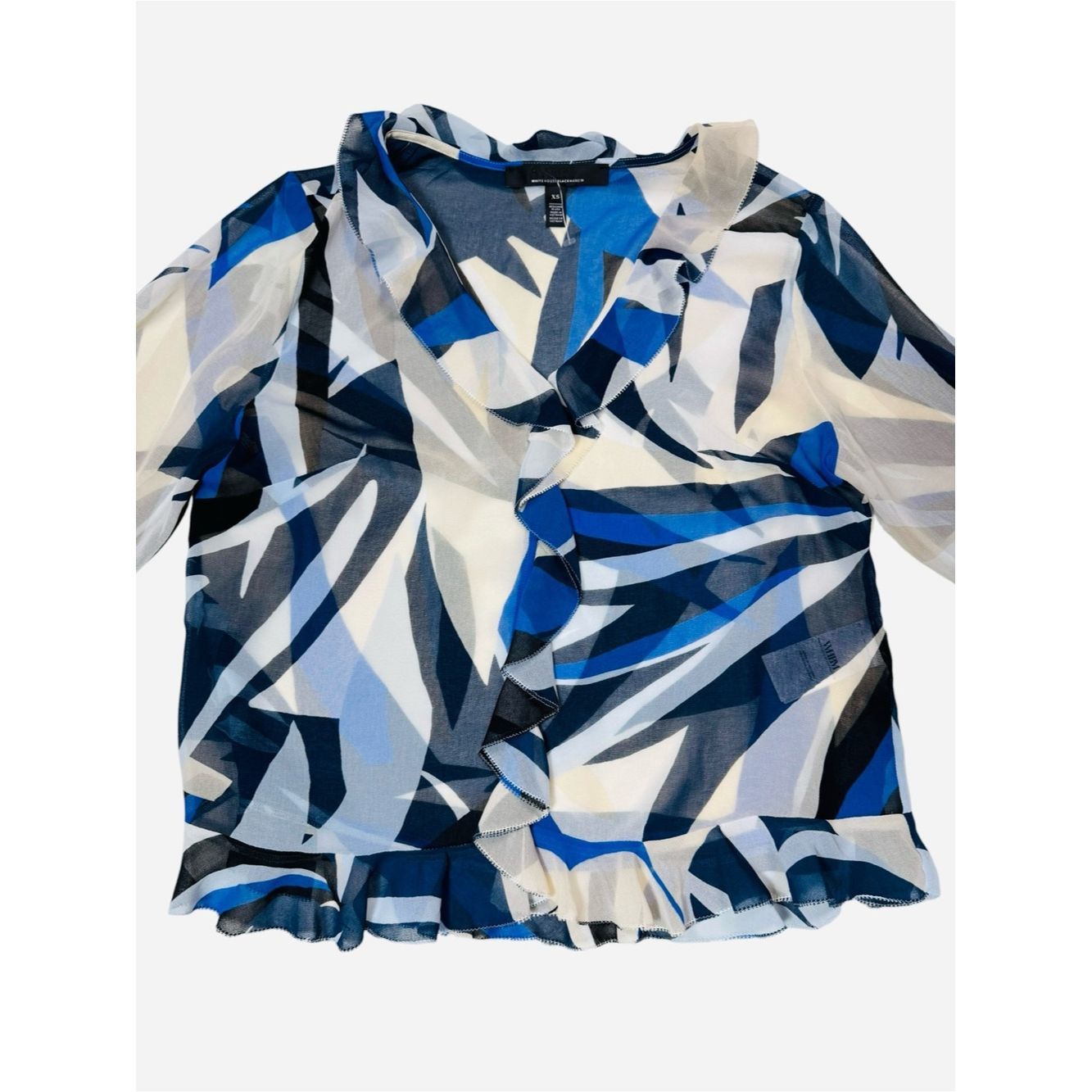 White House Black Market White House Black Market Sheer Abstract Blue and White Ruff Size XS / US 0-2 / IT 36-38 - 3 Thumbnail