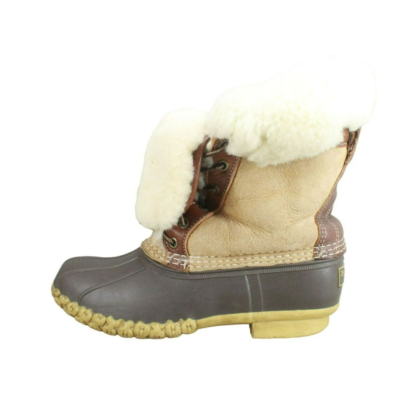 image of L L Bean Ll Bean Womens Lace Up Shearling Lined Mid Calf Duck Boots in Brown (Size 7)