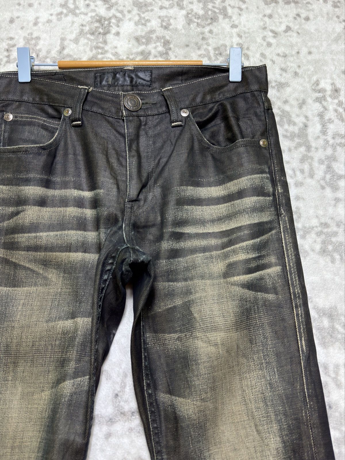 Vintage Vintage Back Number Waxed Black Distressed Denim Jeans Size US 31 - 5 Thumbnail