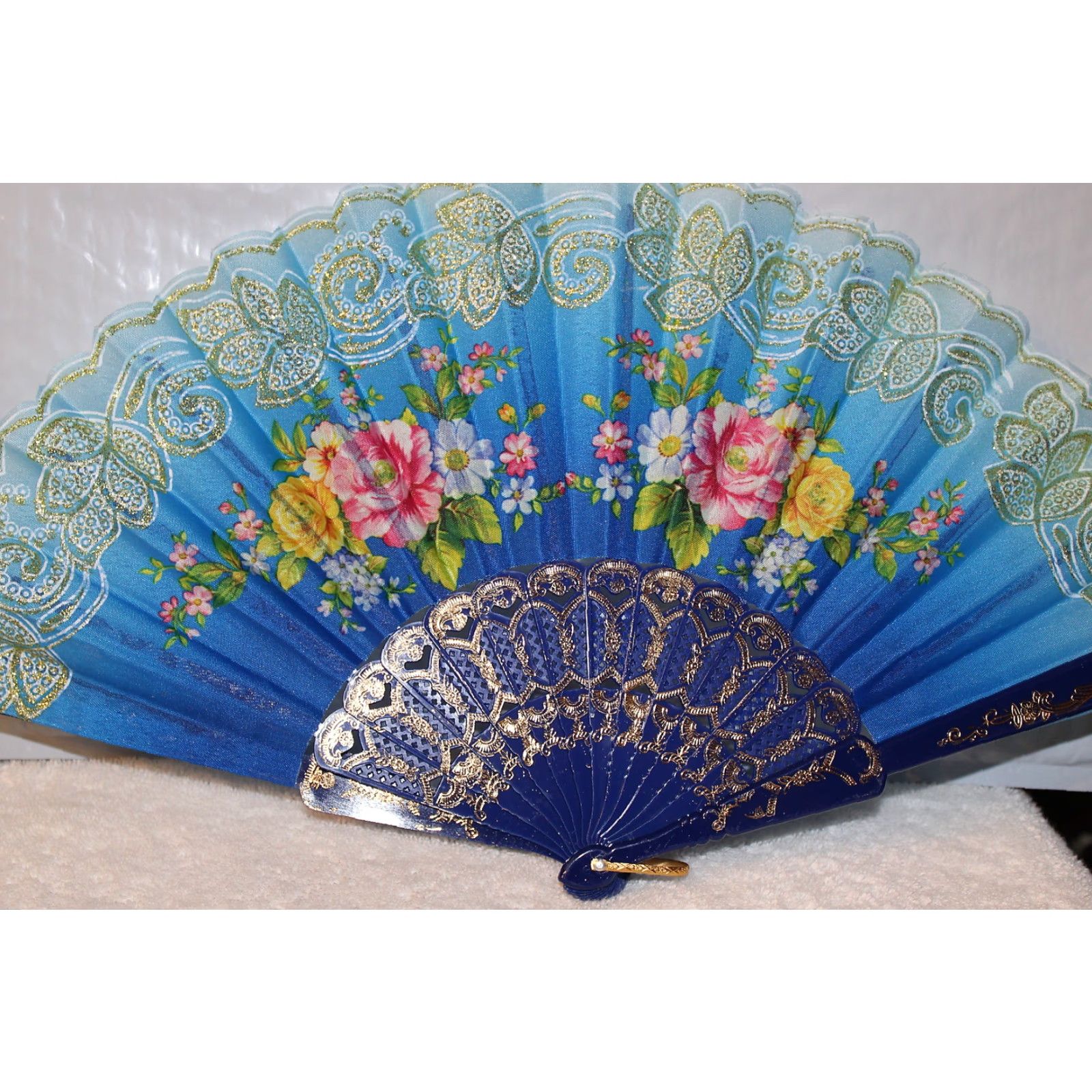 Vintage SMALL HAND FAN with Blue Flowers - Vintage Floral Design, 16 Inch, Unbranded Size ONE SIZE - 2 Thumbnail
