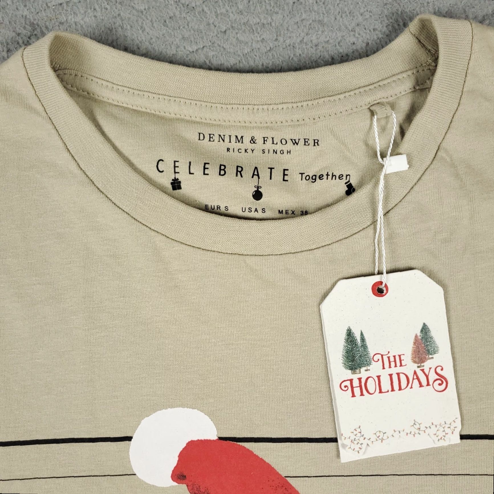 Denime Denim & Flower T-Shirt Unisex Adults Size S Beige Cotton Short Sleeve Crew Neck Graphic Pug Bad Santa Size US S / EU 44-46 / 1 - 2 Thumbnail