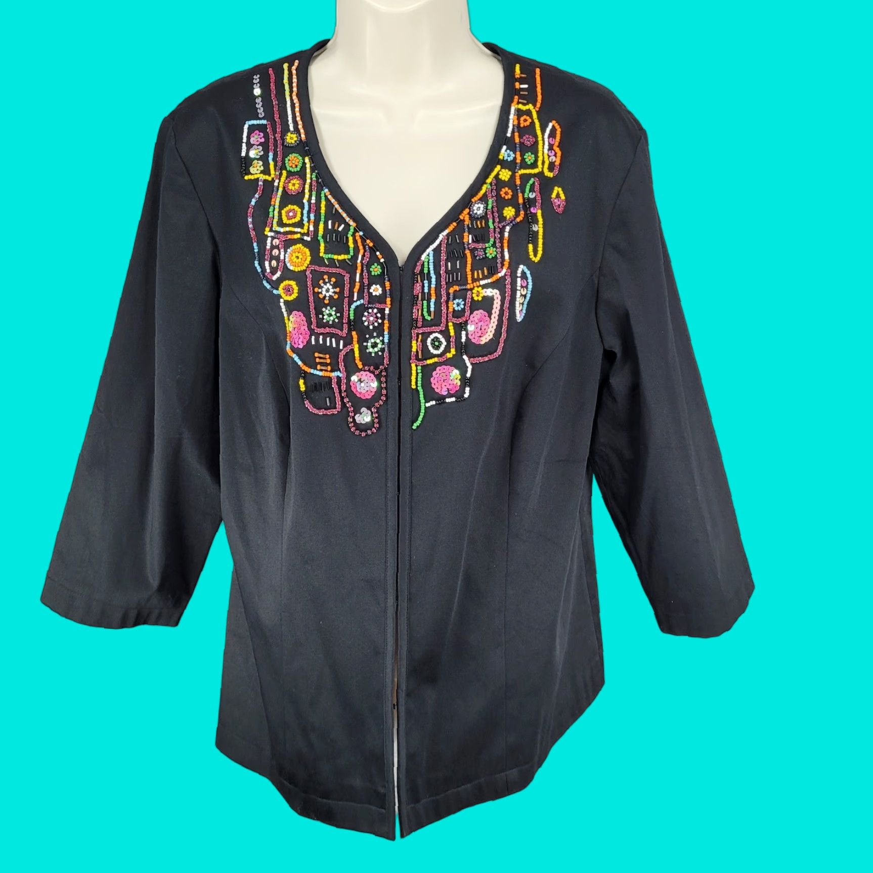Vintage ADDITIONS By Chico's Black Beaded Embellished 3/4 Sleeve Jacket Size 2 US 12 Size XS / US 0-2 / IT 36-38 - 1 Thumbnail