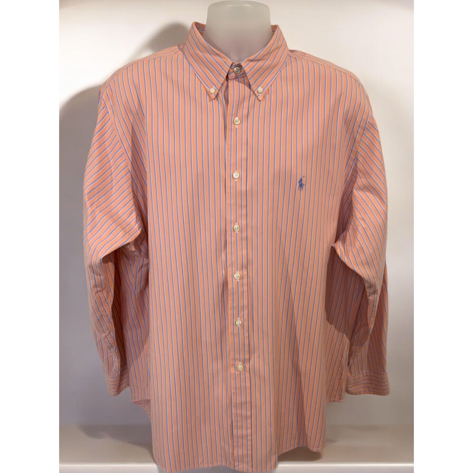 Polo Ralph Lauren Ralph Lauren Mens Classic Fit Coral Blue Striped Shirt XL Size US XL / EU 56 / 4 - 7 Thumbnail