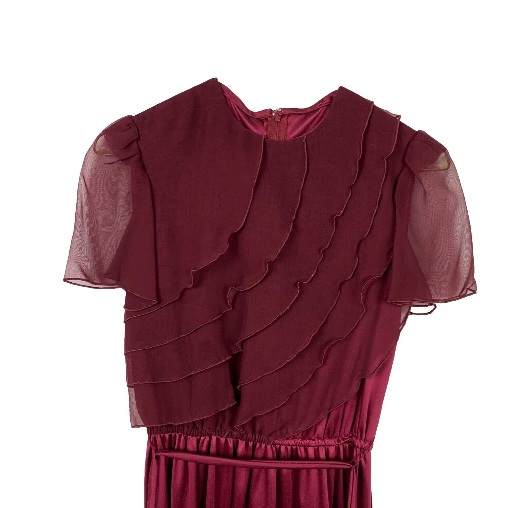 JCPenney Vintage JcPenney Wine Red Chiffon Ruffle Maxi Dress 7/8 Juniors Evening 1980s Polyester Size M / US 6-8 / IT 42-44 - 2 Thumbnail