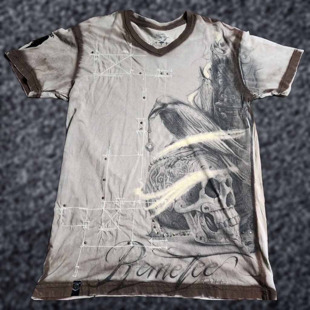 Gloverall VINTAGE Remetee Gothic Skull Raven Cross T-Shirt Mens L Brown All Over Print Distressed Size US L / EU 52-54 / 3 - 1 Thumbnail