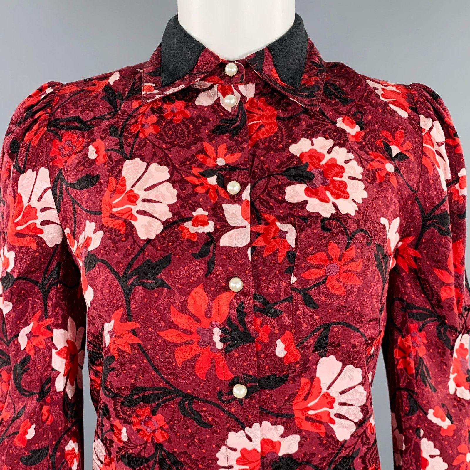 Altuzarra ALTUZARRA Size 0 Burgundy Black White Silk Floral Blouse Size XS / US 0-2 / IT 36-38 - 2 Thumbnail