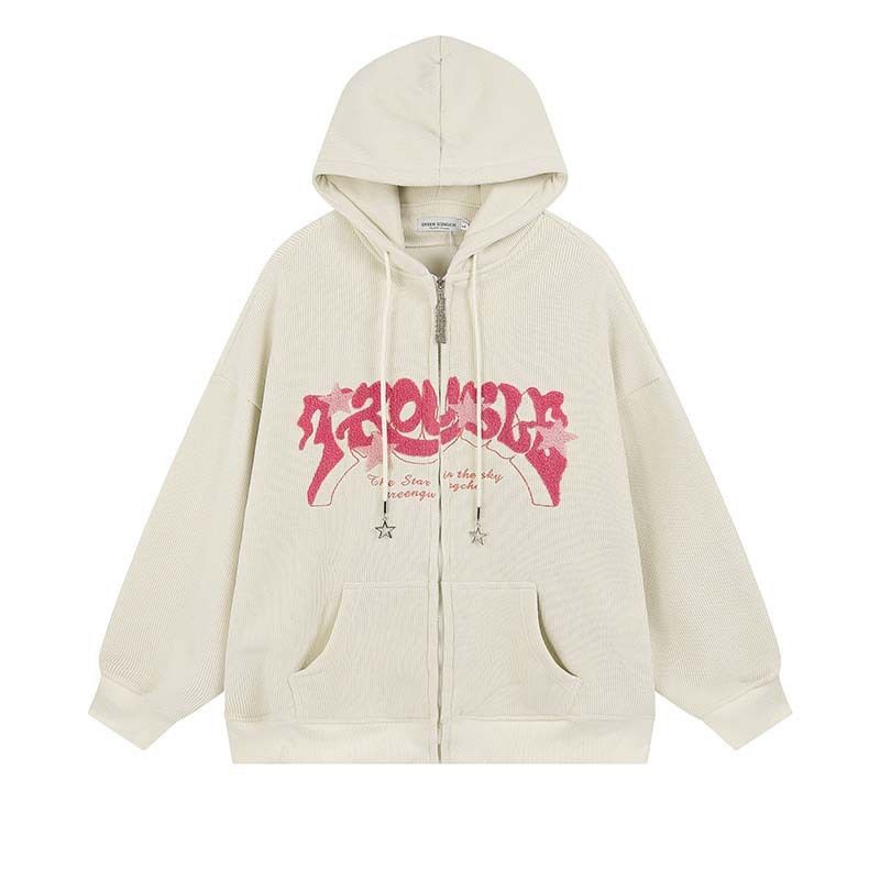 image of Designer American Vintage Y2K Letter Embroidery Hoodies Couple Loose in Beige, Men's (Size Medium)