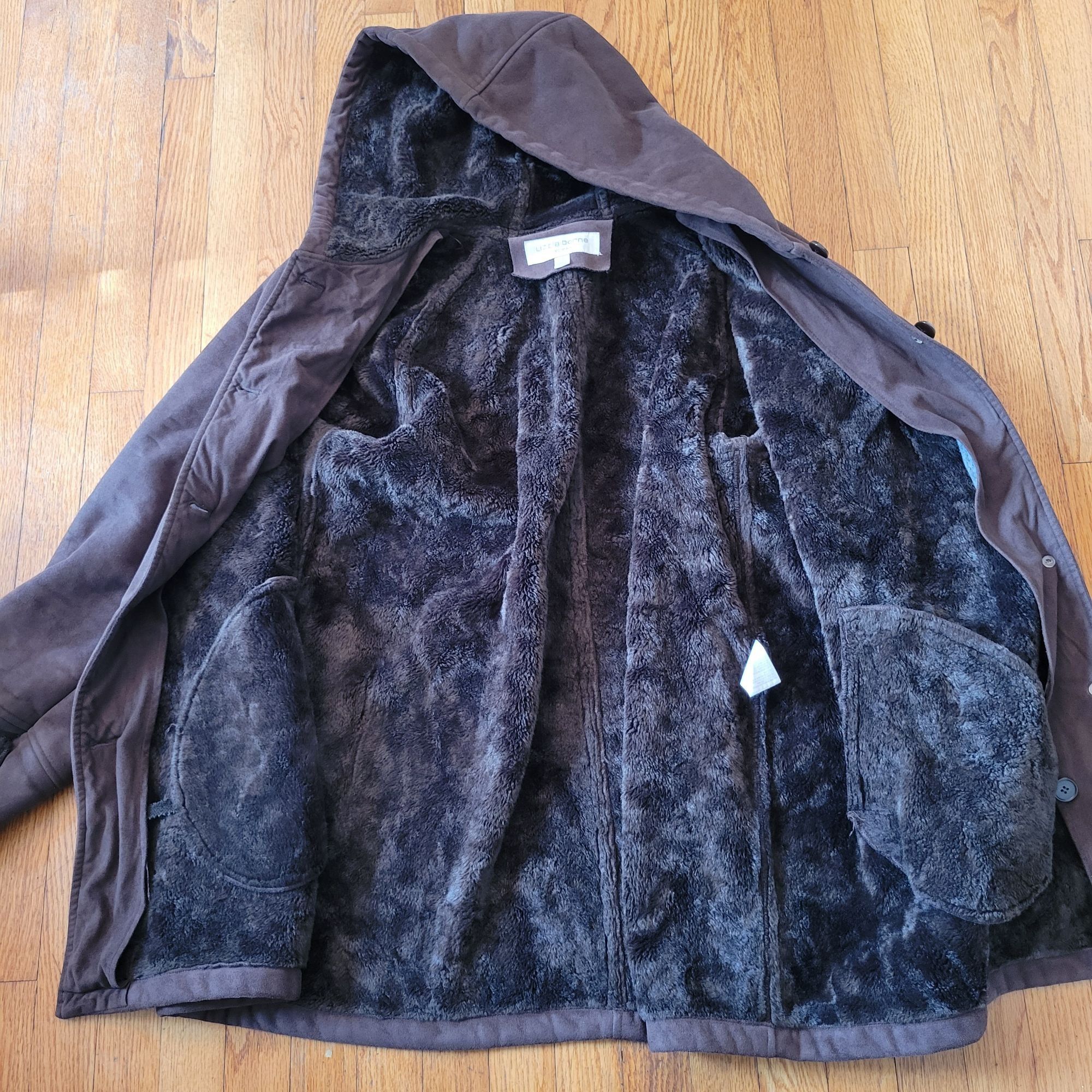 Vintage Liz Claiborne 3X Hooded Faux Fur Lined Brown Moleskin Ranche Size 3XL / US 20-22 - 3 Thumbnail
