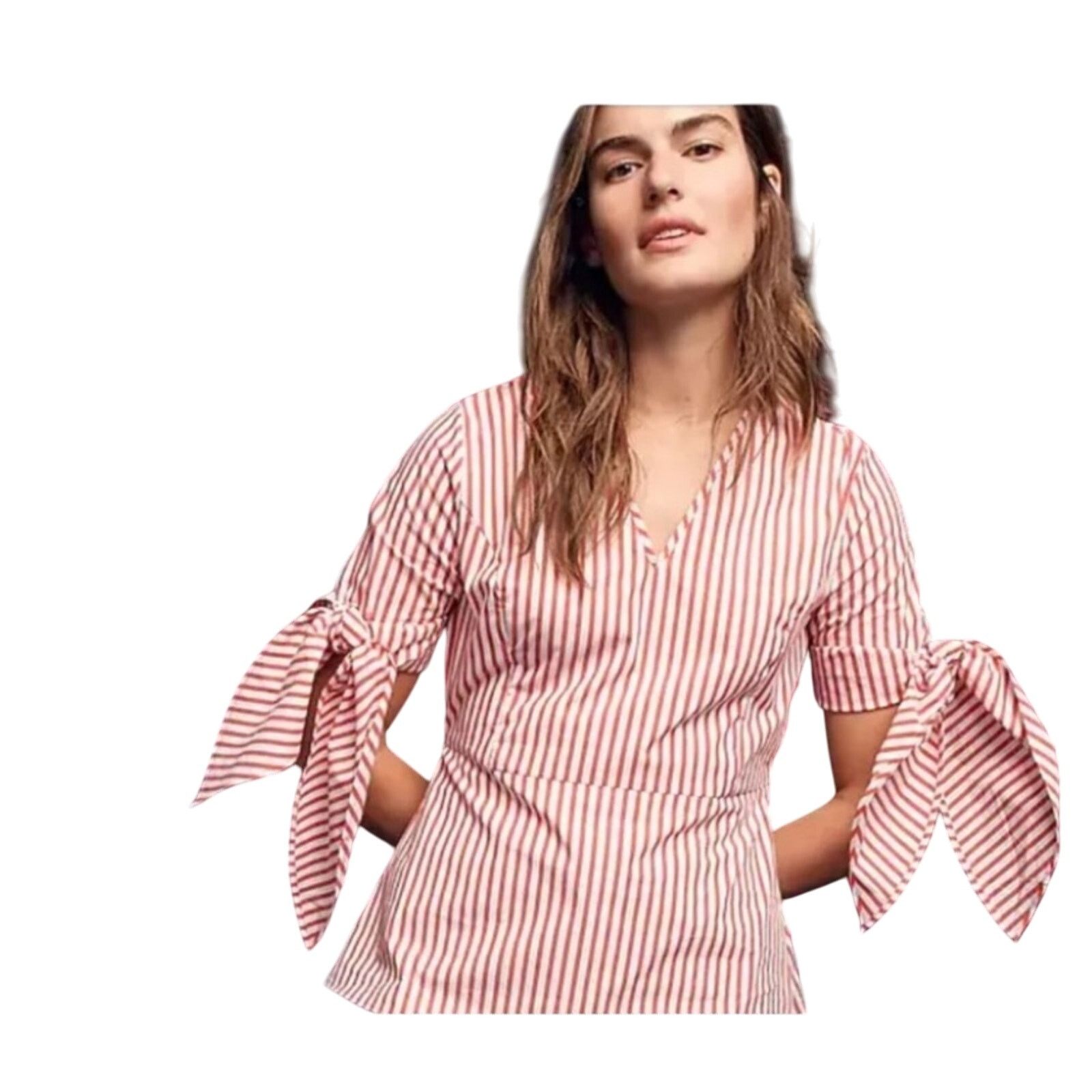 J.Crew Universal Standard J. Crew Red White Striped Poplin Tie Top Size S / US 4 / IT 40 - 7 Thumbnail