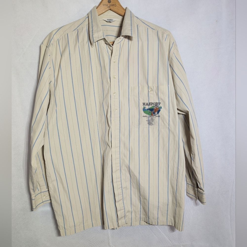 Hardy Amies Hardy Amies Sz L Beige and Navy Striped Casual Shirt Size US L / EU 52-54 / 3 - 2 Thumbnail