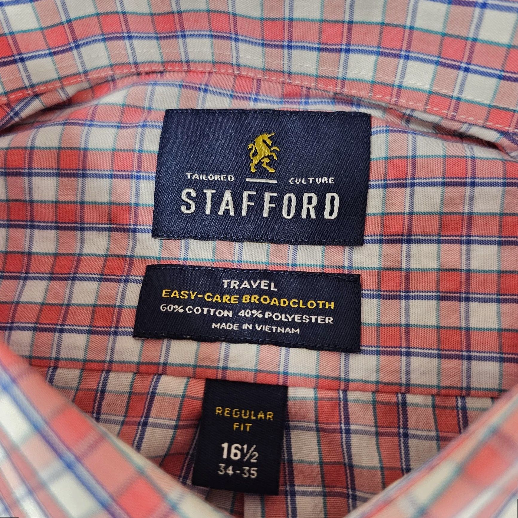 Stafford Stafford Dress Shirt Mens 16.5 34-35 Pink Check Travel Easy Care Broadcloth Shirt Men Pink Check Modern Boardroom Style Size 46R - 3 Thumbnail