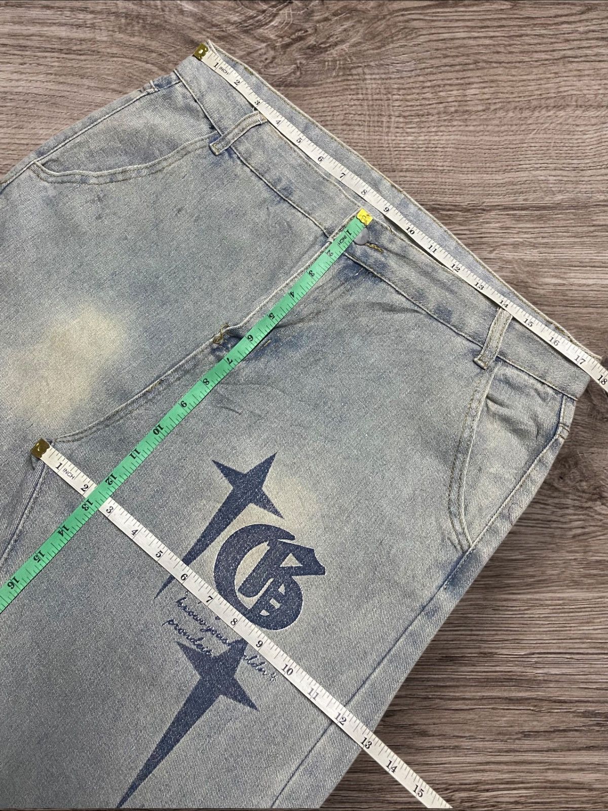 Japanese Brand Vintage Japanese Brand Cross Print Faded Wash Baggy Jeans Size US 35 - 9 Thumbnail