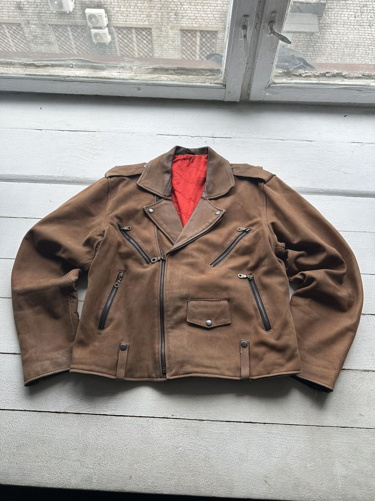 Other 🚨VNTG LEATHER JACKET AVANT GARDE ASYMMETRICAL BROWN MOTO Size US XL / EU 56 / 4 - 1 Thumbnail