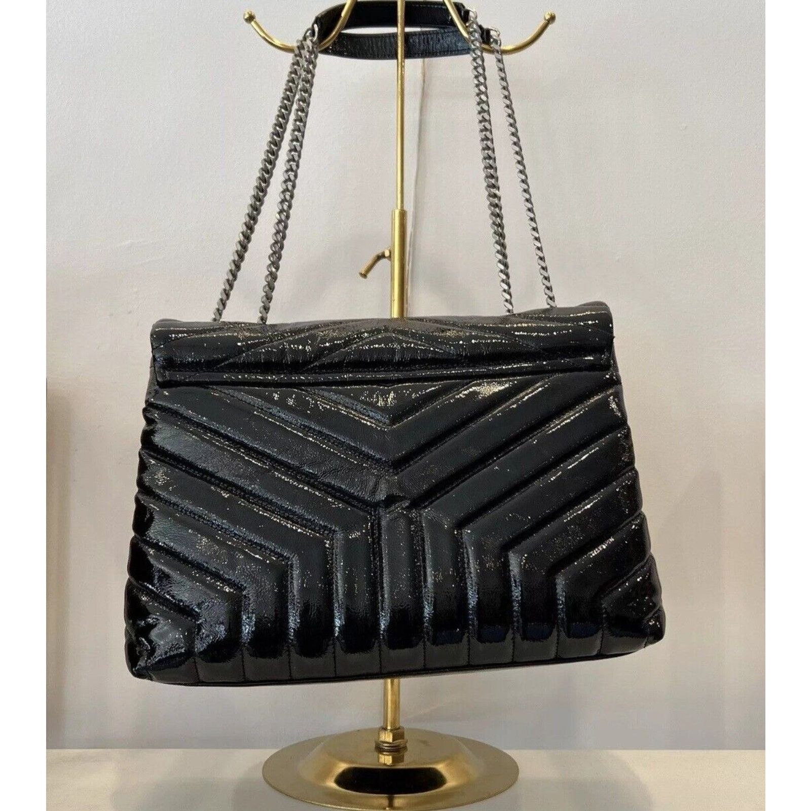 Saint Laurent Paris YSL Black Patent Leather Quilted Patent Loulou Quilted Bag Size ONE SIZE - 8 Thumbnail